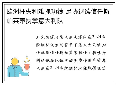 欧洲杯失利难掩功绩 足协继续信任斯帕莱蒂执掌意大利队 欧洲杯失利难掩功绩 足协继续信任斯帕莱蒂执掌意大利队